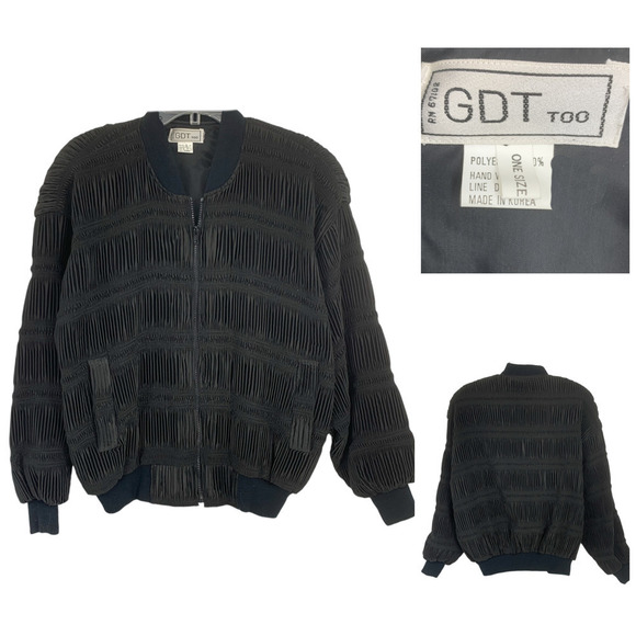 Vintage 1980's GDT Too Unusual Black Pleated Bomber Jacket Korea OSFM - Picture 1 of 8